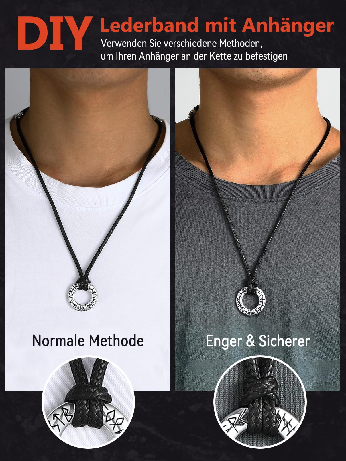 FaithHeart Lederkette Herren Damen Leder Halskette Männer Kette mit Runen Anhänger Edelstahl Lederband mit Mobius Rund/Dreieck/Unendlichkeit Kunstleder Lederhalsband verstellbar Wikinger Schmuck