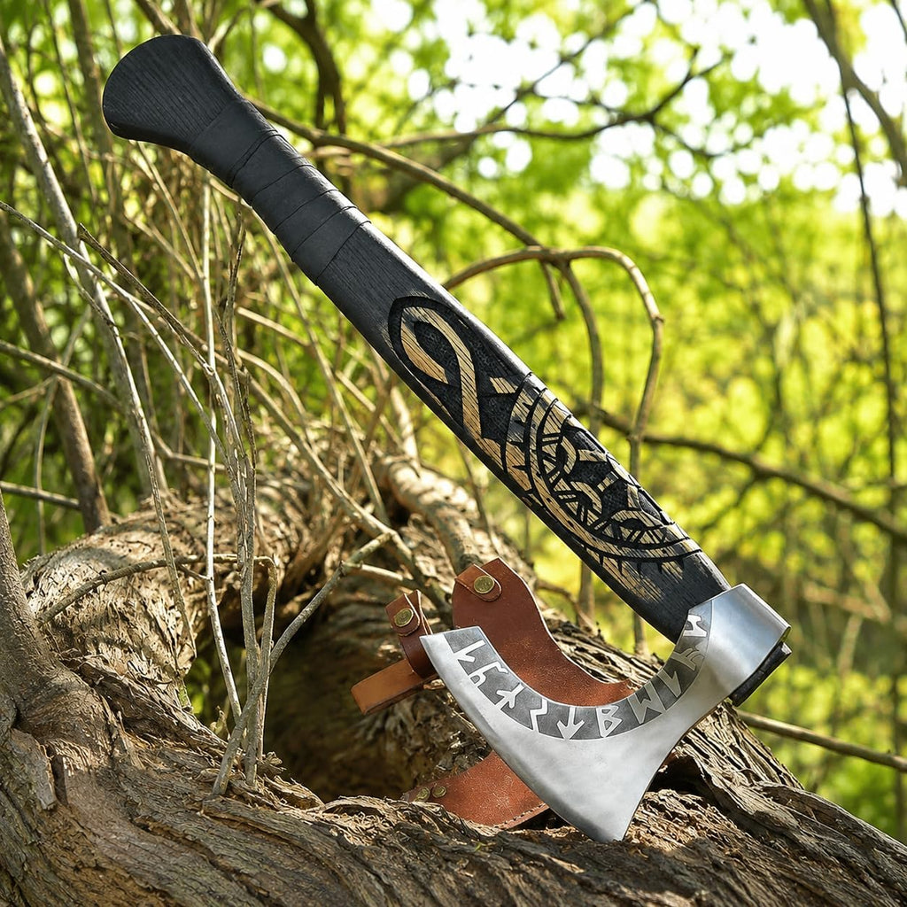 Viking Beard Axe with Handmade ash Wood Handle and Camoing Axe with Runes Engraved