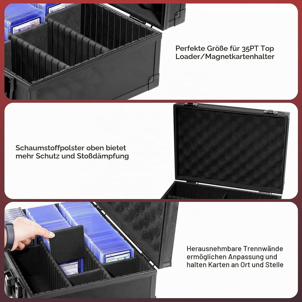 ProCase Stoßfest Toploader Sammelkarten Aufbewahrungsbox, Aluminiumstruktur-Schließfach mit Verstellbaren Teiler für 600+ Toploader, Magnetkartenhalter, MTG, TCG, Yugioh, Sportkarten -Schwarz