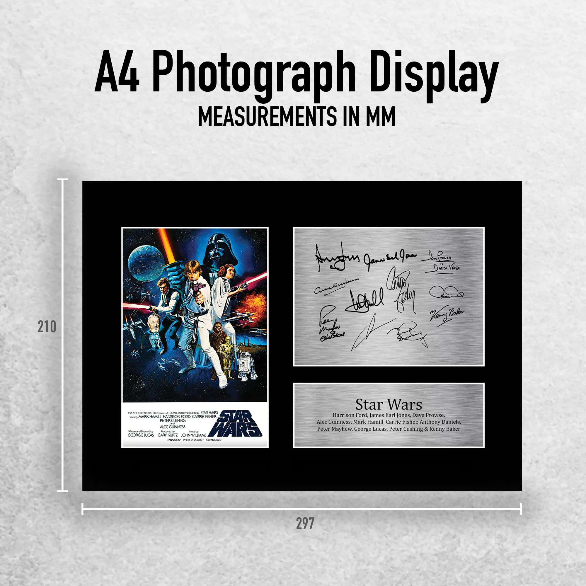 HWC Trading FR A4 Star Wars New Hope Cast Mark Hamill, Carrie Fisher, Harrison Ford Geschenke Geducktes Signiertes Autogramm Foto für Fans von Film Memorabilien - A4 Gerahmt