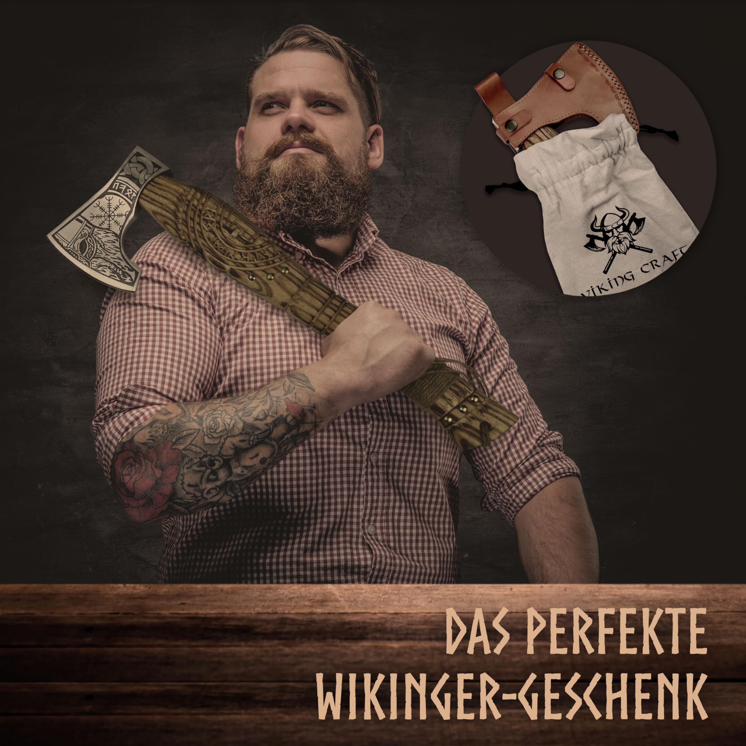 VIKING CRAFT® Wikinger Axt 50cm - Handgefertigte Deko Mit Gravur und Lederschutz - Ideale Mittelalter Deko, Geschenke für Männer und Frauen, Vikings Fanartikel, LARP Beil