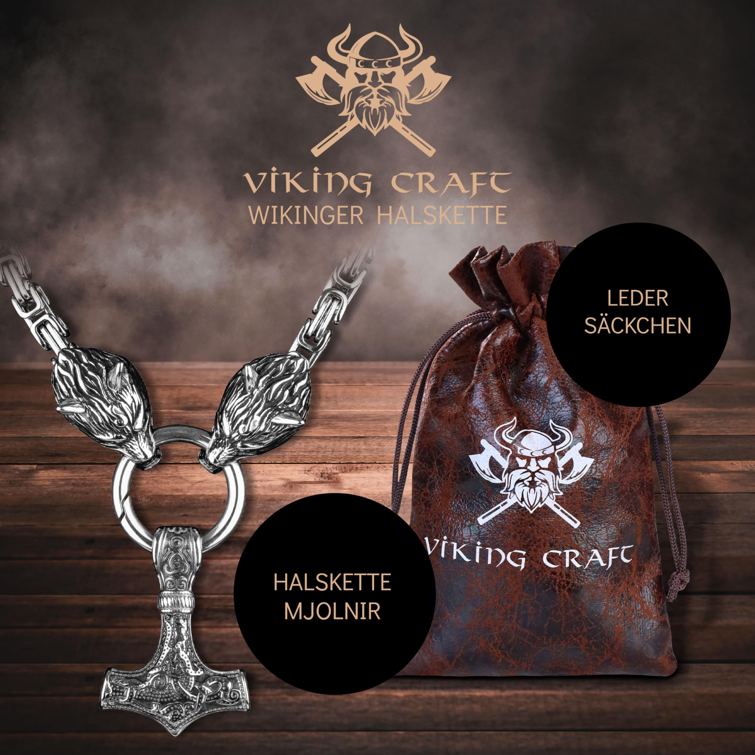 VIKING CRAFT Wikinger Halskette Herren Edelstahl - 60cm Wikinger Schmuck Kette Herren - Wikinger Deko, Wikinger Kette, Wikinger Geschenke für Männer Schmuck, LARP