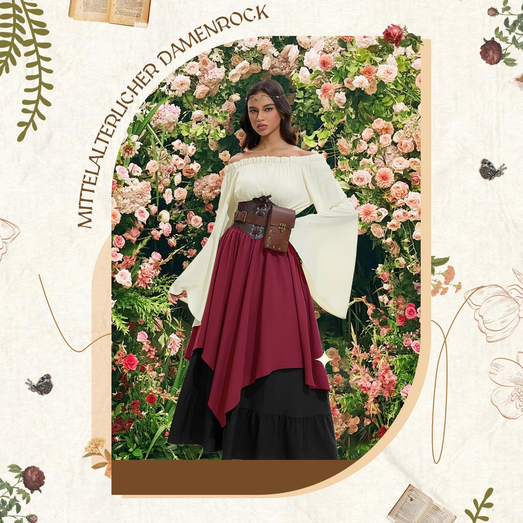 Mittelalter Kleidung Damen, Renaissance Kleid Damen und Off Shoulder Bluse mit Corsett, Gürteltasche, Kopfschmuck, Gürtel, Viktorianisches Kostüm für Halloween Karneval