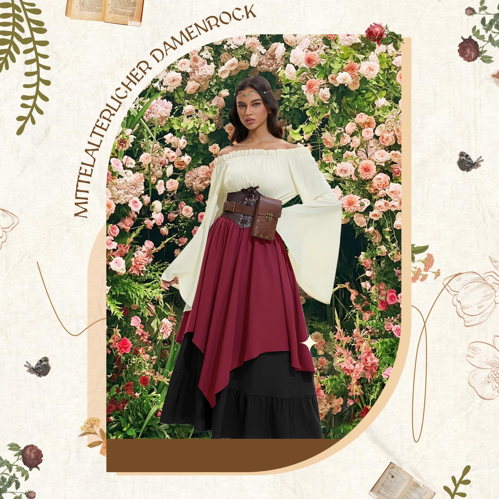 Mittelalter Kleidung Damen, Renaissance Kleid Damen und Off Shoulder Bluse mit Corsett, Gürteltasche, Kopfschmuck, Gürtel, Viktorianisches Kostüm für Halloween Karneval