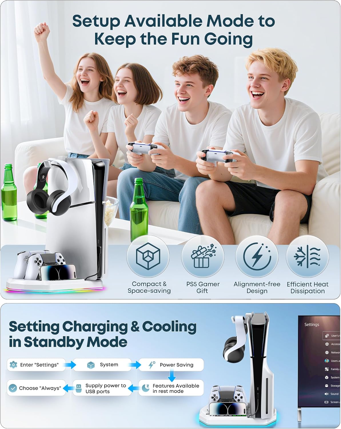 PS5 Ständer für PS5/Slim/Pro Konsole mit Schnelle PS5 Controller Ladestation, PS5 Standfuß Vertikal mit 3 stufiger Lüfter & 9 RGB Licht, PS5 Stand Zubehör PlayStation 4 Zubehörsets