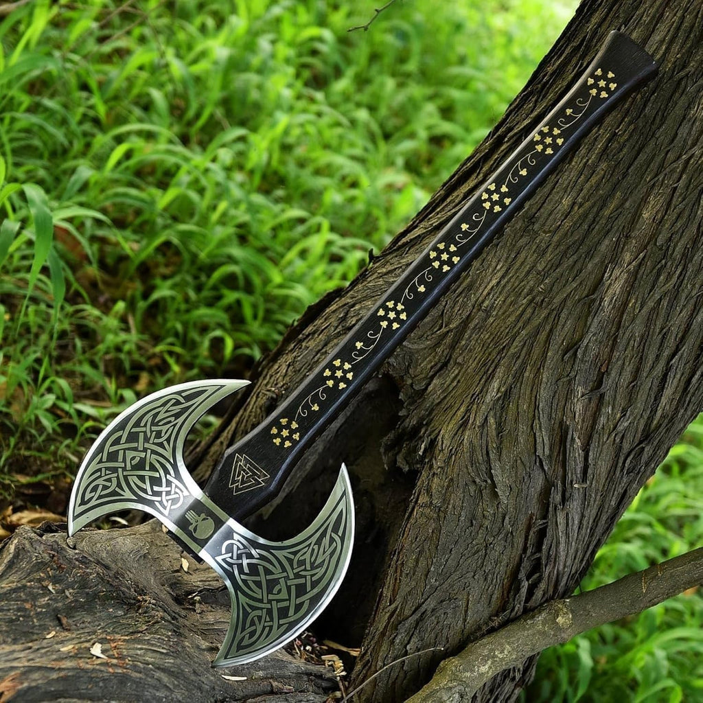 Handgeschmiedet Wikinger Doppelaxt mit Lederscheide. Large Norse Axe, Geschenkidee für Männer – Handgeschmiedete Doppelkopf-Wikinger-Axt aus Kohlenstoffstahl für Outdoor, Camping, Jagd, Deko