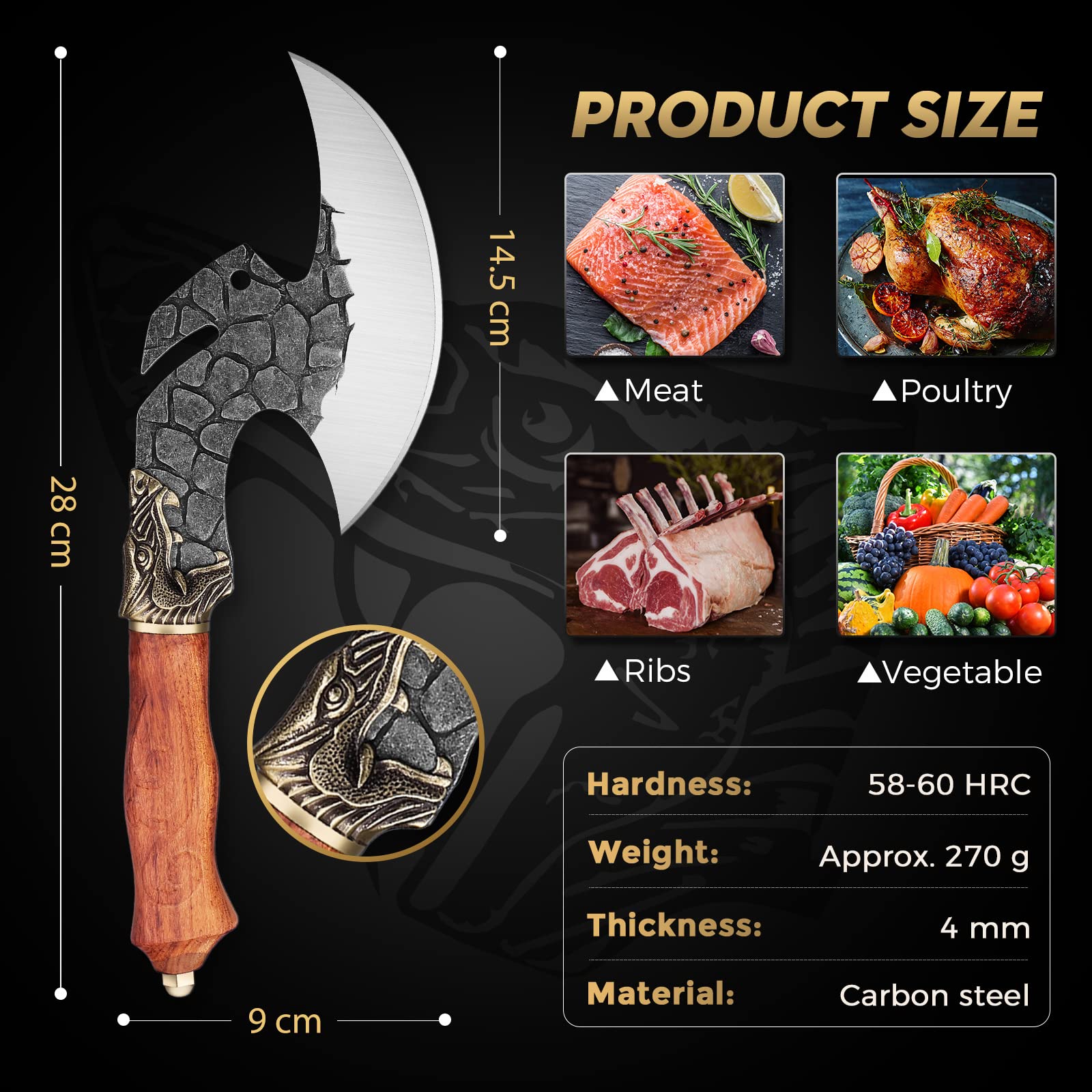 Golden Bird Original Wikinger Messer Axt Scharfes Geburtstag Tranchiermesser Pizzaschneider Ausbeinmesser Handgeschmiedetes Kochmesser Fleischmesser Grillmesser mit PU-Scheide für Camping BBQ Outdoor