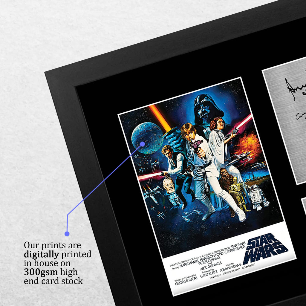 HWC Trading FR A4 Star Wars New Hope Cast Mark Hamill, Carrie Fisher, Harrison Ford Geschenke Geducktes Signiertes Autogramm Foto für Fans von Film Memorabilien - A4 Gerahmt