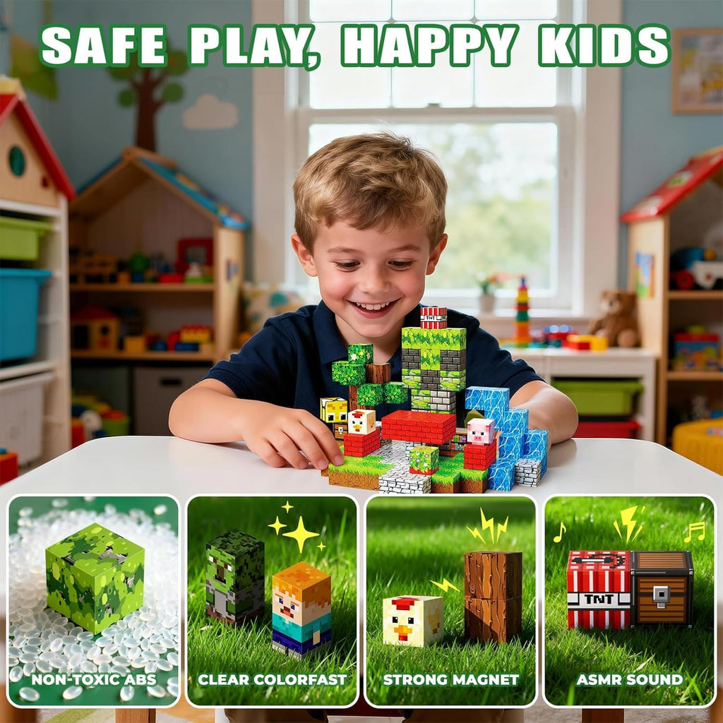 Magnetische Bausteine Bauspielzeug 100 Pcs Magnetbausteine für Kinder Montessori Kreative Spielzeug ab 3 4 5 6 7 8 9 10 Jahre Junge und Mädchen Magnetic Blocks Geschenke für Kinder （Wald）