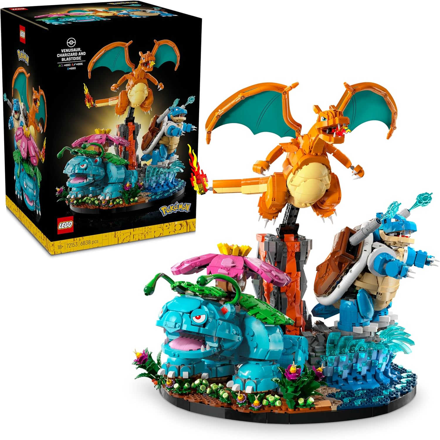 LEGO Pokémon Bisaflor, Glurak und Turtok - 3D Modellbau für Erwachsene - 3 Anime Figuren als DIY Deko für Schreibtisch oder Regal - Gaming Geschenkidee für Fans und Sammler - 72153