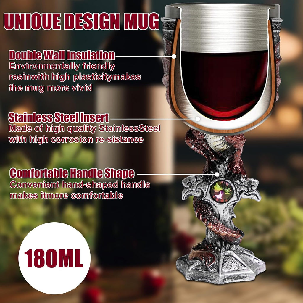 ZONSUSE Mittelalter Drache Kelch, Gotischer Drachen Kelch, Flugsaurier Edelstahl Weinkelch, Roter Drache auf Kreuzsockel, Magischer Dragon Goblet,Idee Geschenk für Fantasy Fans 200ml (Rot Goblet)