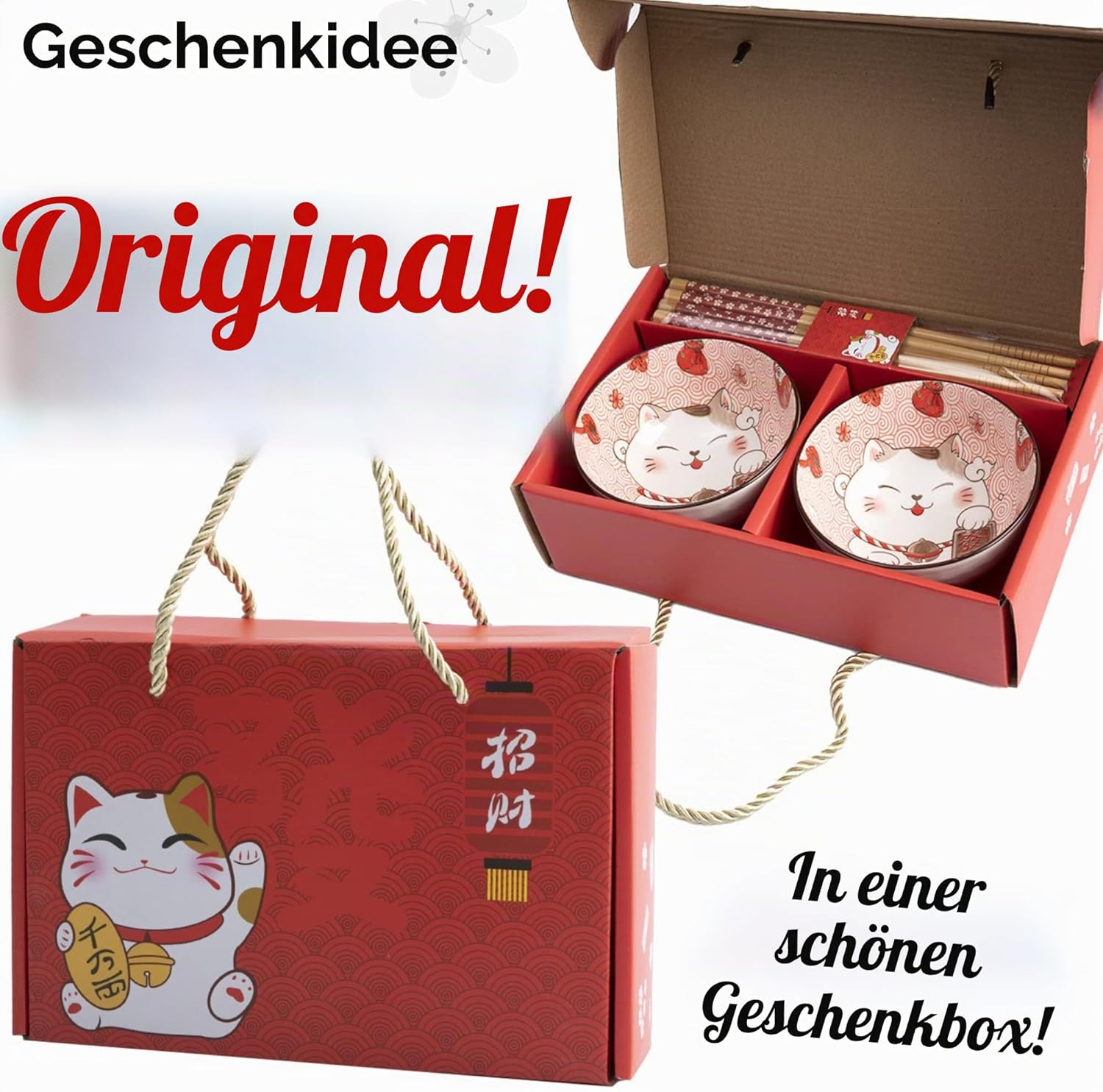 Lachineuse - 2er Set Maneki Neko-Schalen – Müslischalen, Reisschüsseln, Suppenschalen – Japanisches Geschirr aus Porzellan – Geschenckset mit Essstäbchen – Katze Glücksbringer – Japan China Kawai Deko