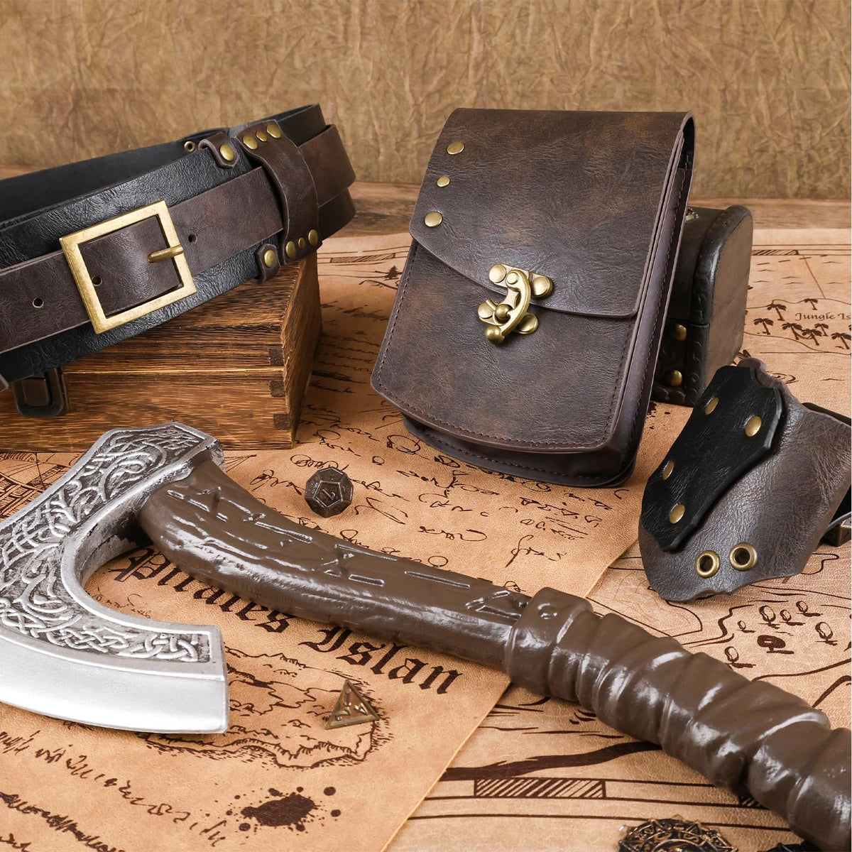 HiiFeuer 4Pcs Piratenkostüm für Herren mit Renaissance-Gürtel, mittelalterlicher Tasche, Attrappen-Dolch und Schwertscheide für Mittelalterfest und LARP