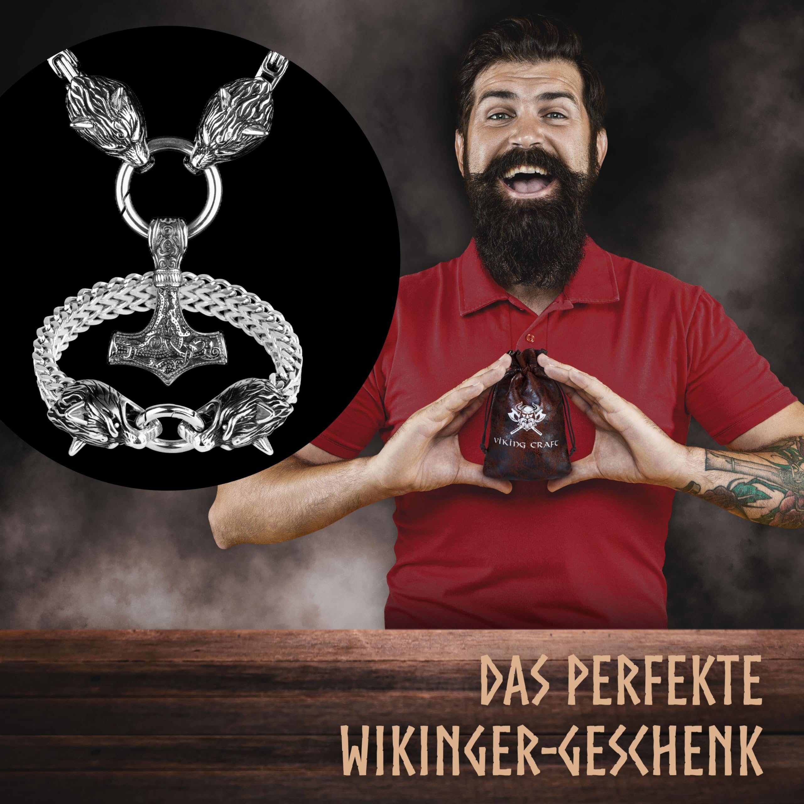 VIKING CRAFT Wikinger Halskette Herren Edelstahl - 60cm Wikinger Schmuck Kette Herren - Wikinger Deko, Wikinger Kette, Wikinger Geschenke für Männer Schmuck, LARP