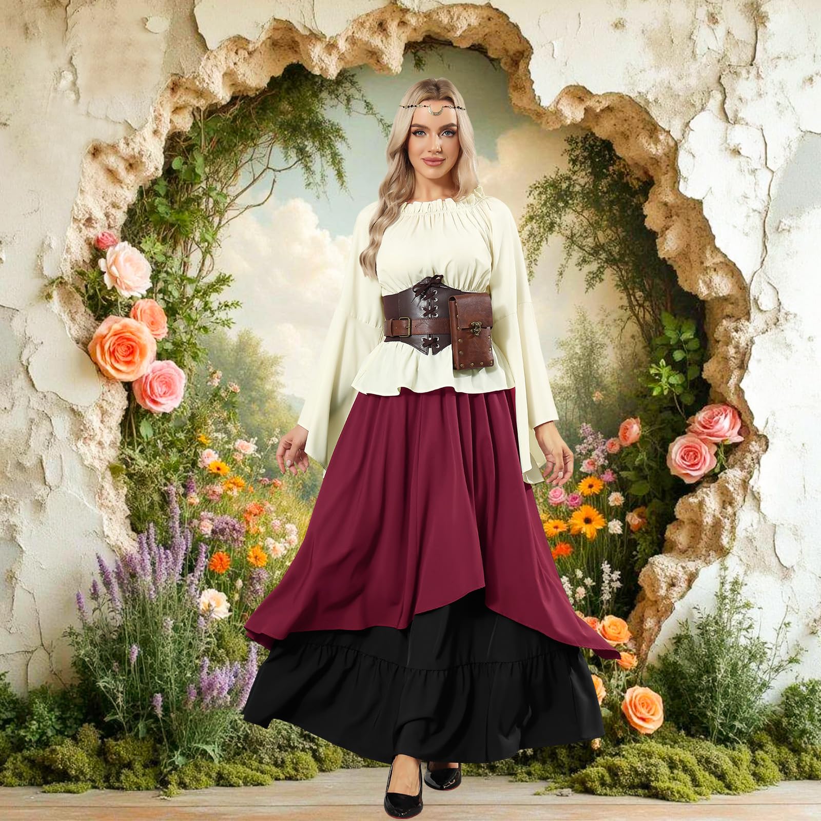 Mittelalter Kleidung Damen, Renaissance Kleid Damen und Off Shoulder Bluse mit Corsett, Gürteltasche, Kopfschmuck, Gürtel, Viktorianisches Kostüm für Halloween Karneval
