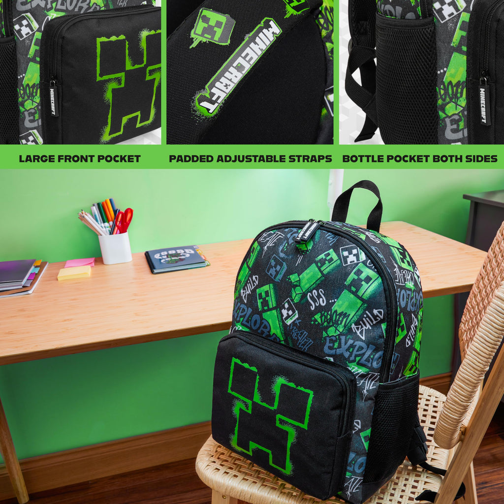 Minecraft Rucksack Kinder Jungen Kinderrucksack Creeper Freizeitrucksack mit Reißverschluss-Fächern für Schulrucksack Schule Sport Alltag