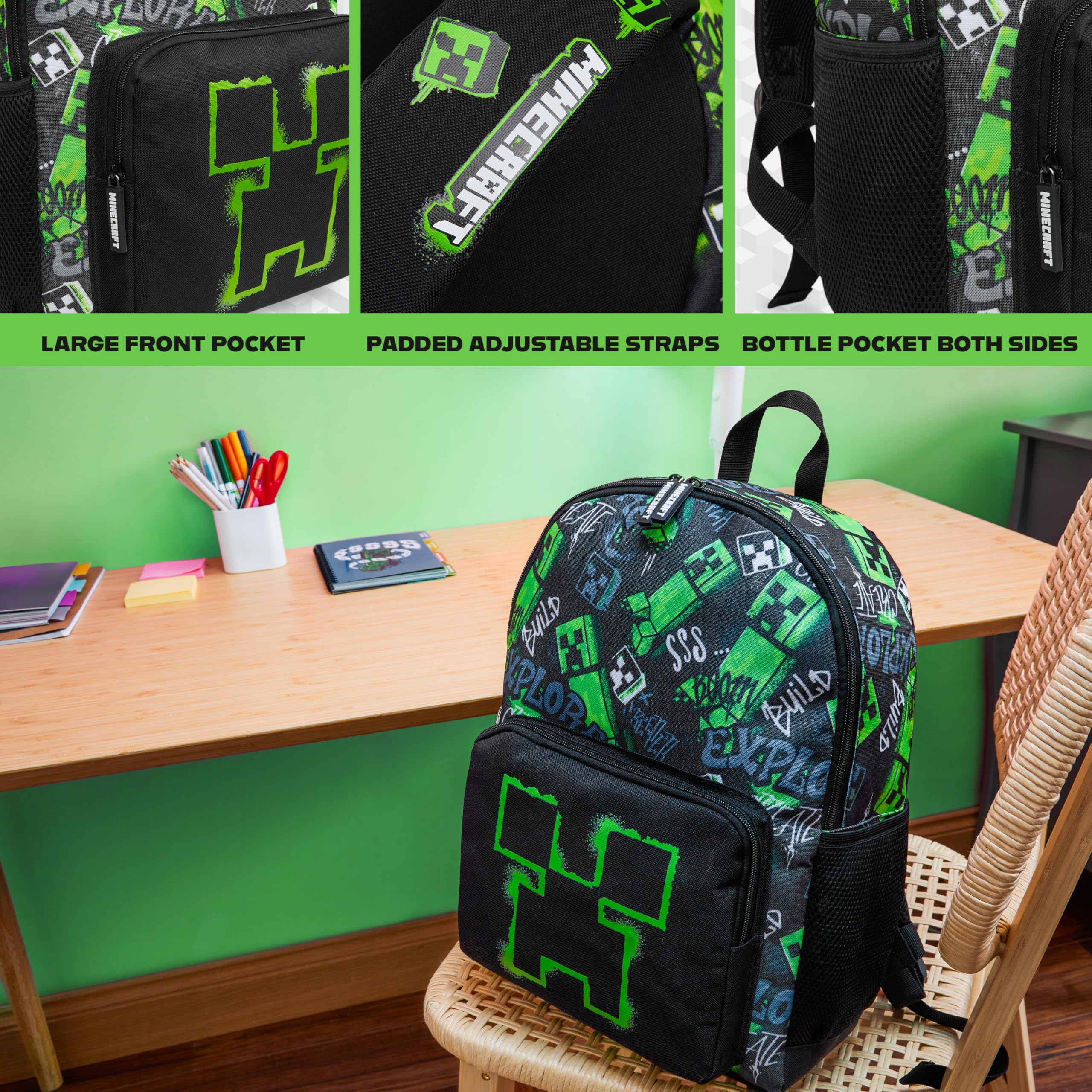 Minecraft Rucksack Kinder Jungen Kinderrucksack Creeper Freizeitrucksack mit Reißverschluss-Fächern für Schulrucksack Schule Sport Alltag