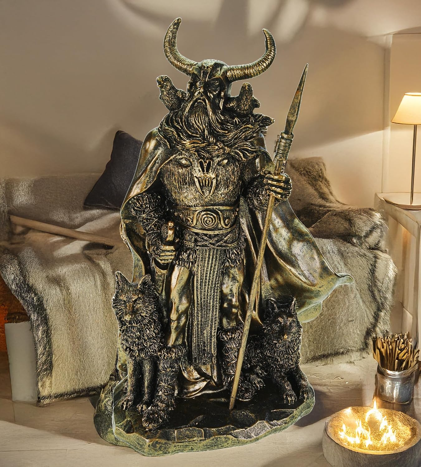 Kremers Schatzkiste Odin Figur mit Raben Hugin Munin und Wölfen Geri Freki 36cm Nordische Mythologie Dekofigur - Polyresin Götter Skulptur - Geschenk Wikinger Deko