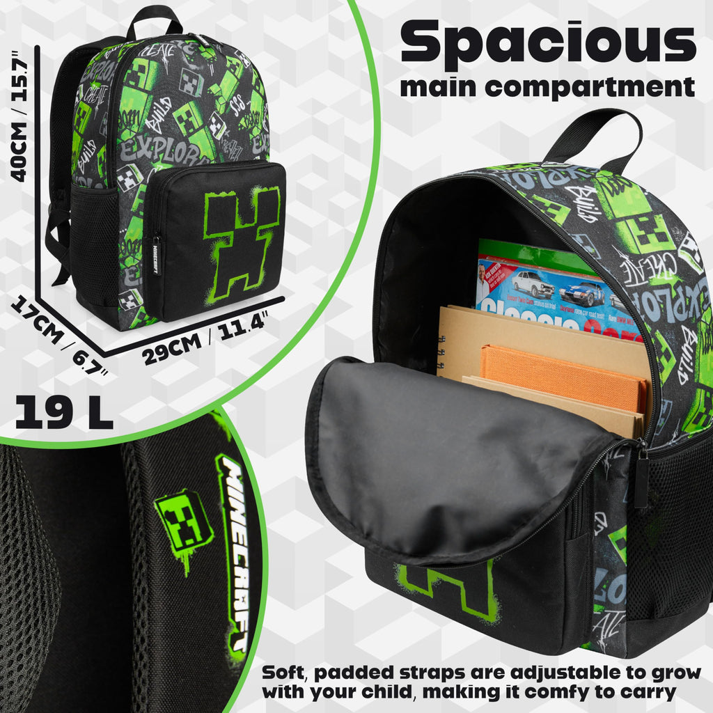 Minecraft Rucksack Kinder Jungen Kinderrucksack Creeper Freizeitrucksack mit Reißverschluss-Fächern für Schulrucksack Schule Sport Alltag