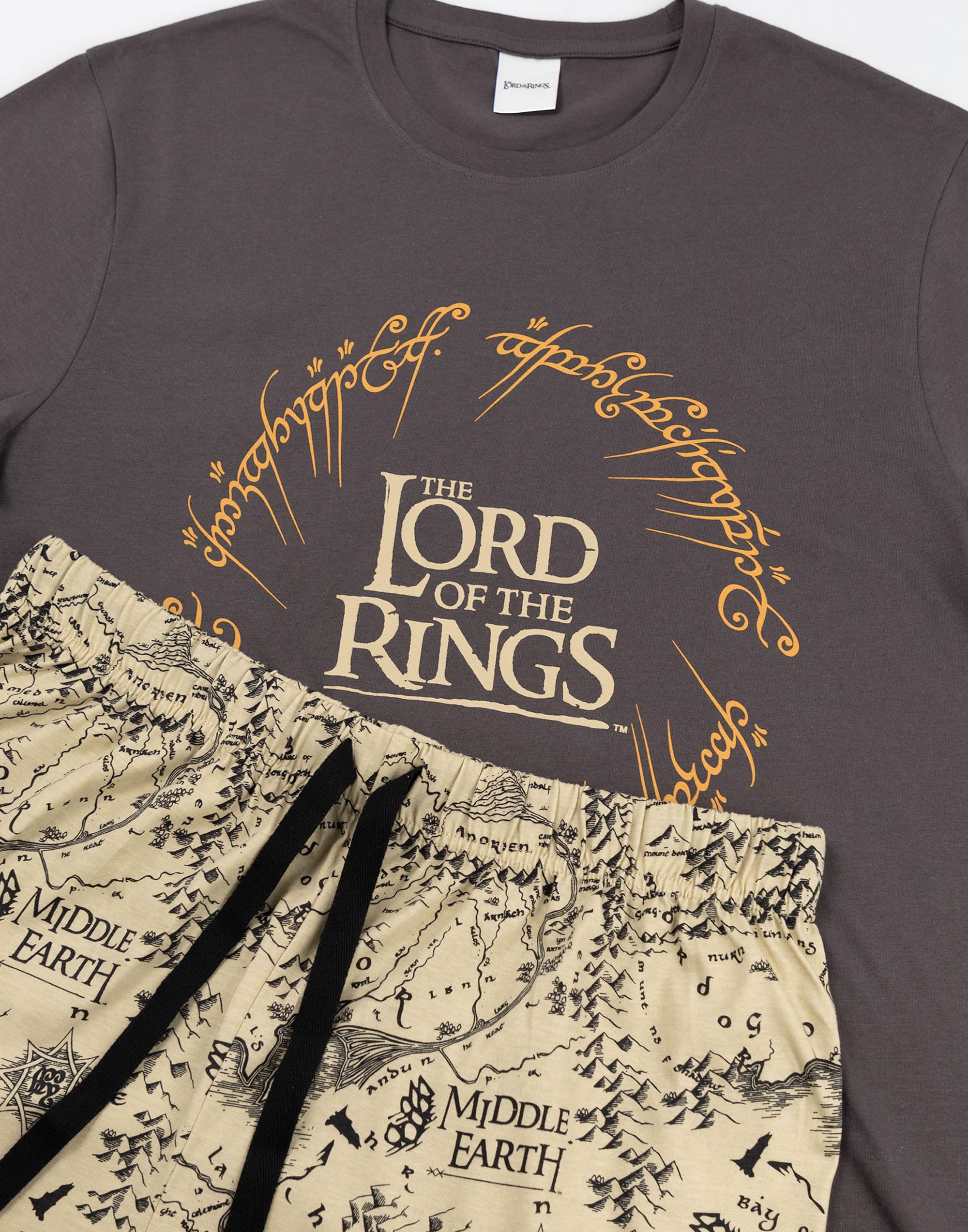 Lord of The Rings „Herr der Ringe“-Pyjama-Set für Herren, Anthrazitgrau, Kurzarm | Shorts mit Mittelerde-Kartenprint und Kordelzug | Nachtwäsche & Loungewear