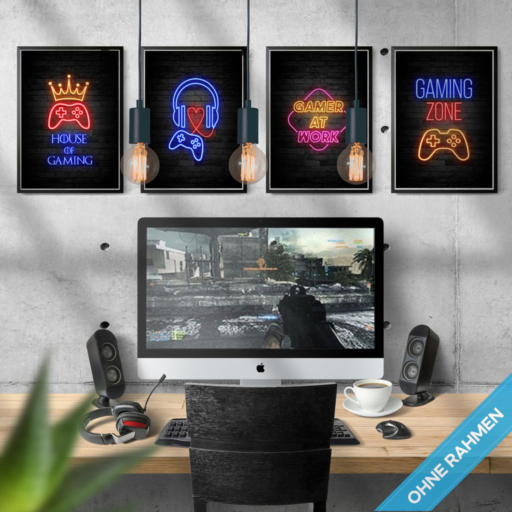 mojoliving Gaming Zimmer Deko Bilder | Poster Wand für Gamer Jugendzimmer | Set mit Neon Sign Motive | Coole Geschenke für Gamer | Zocker Bilder Wand | Neon Wandbild