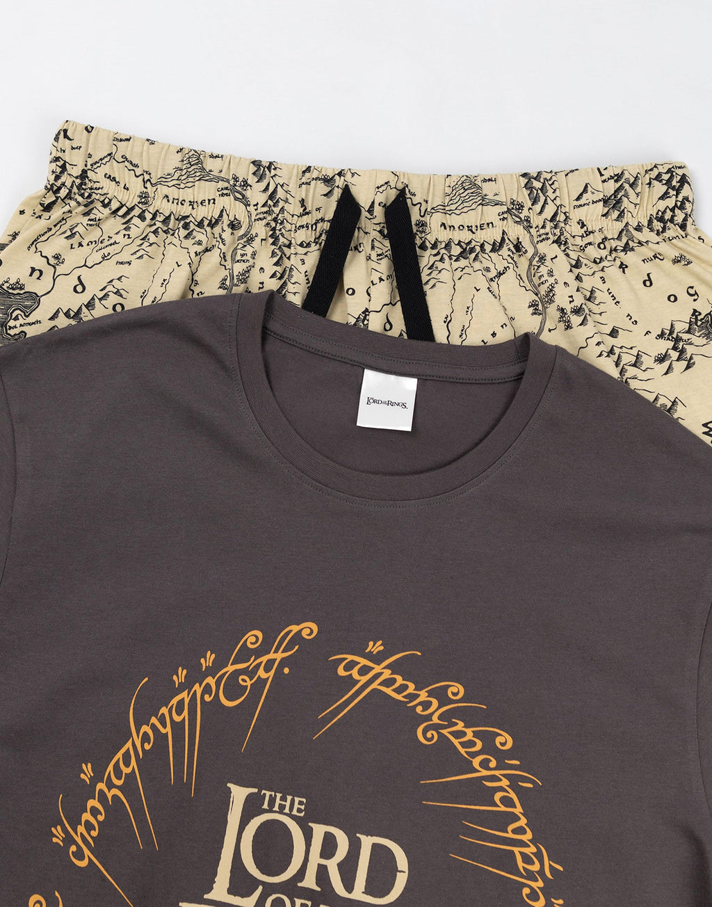 Lord of The Rings „Herr der Ringe“-Pyjama-Set für Herren, Anthrazitgrau, Kurzarm | Shorts mit Mittelerde-Kartenprint und Kordelzug | Nachtwäsche & Loungewear