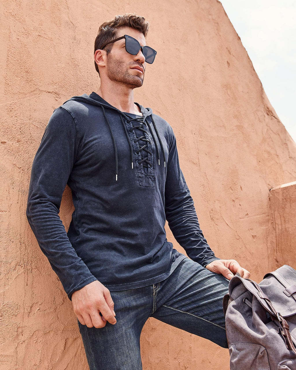Beotyshow Herren Vintage Hoodie Langarm Shirt Männer Lace Up Hooded Langarmhemd Distressed Casual Outdoor Taktisch Pullover Hemd mit Kapuze