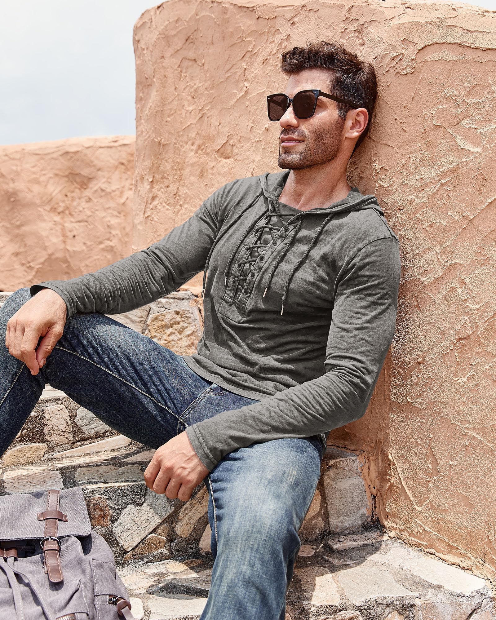 Beotyshow Herren Vintage Hoodie Langarm Shirt Männer Lace Up Hooded Langarmhemd Distressed Casual Outdoor Taktisch Pullover Hemd mit Kapuze
