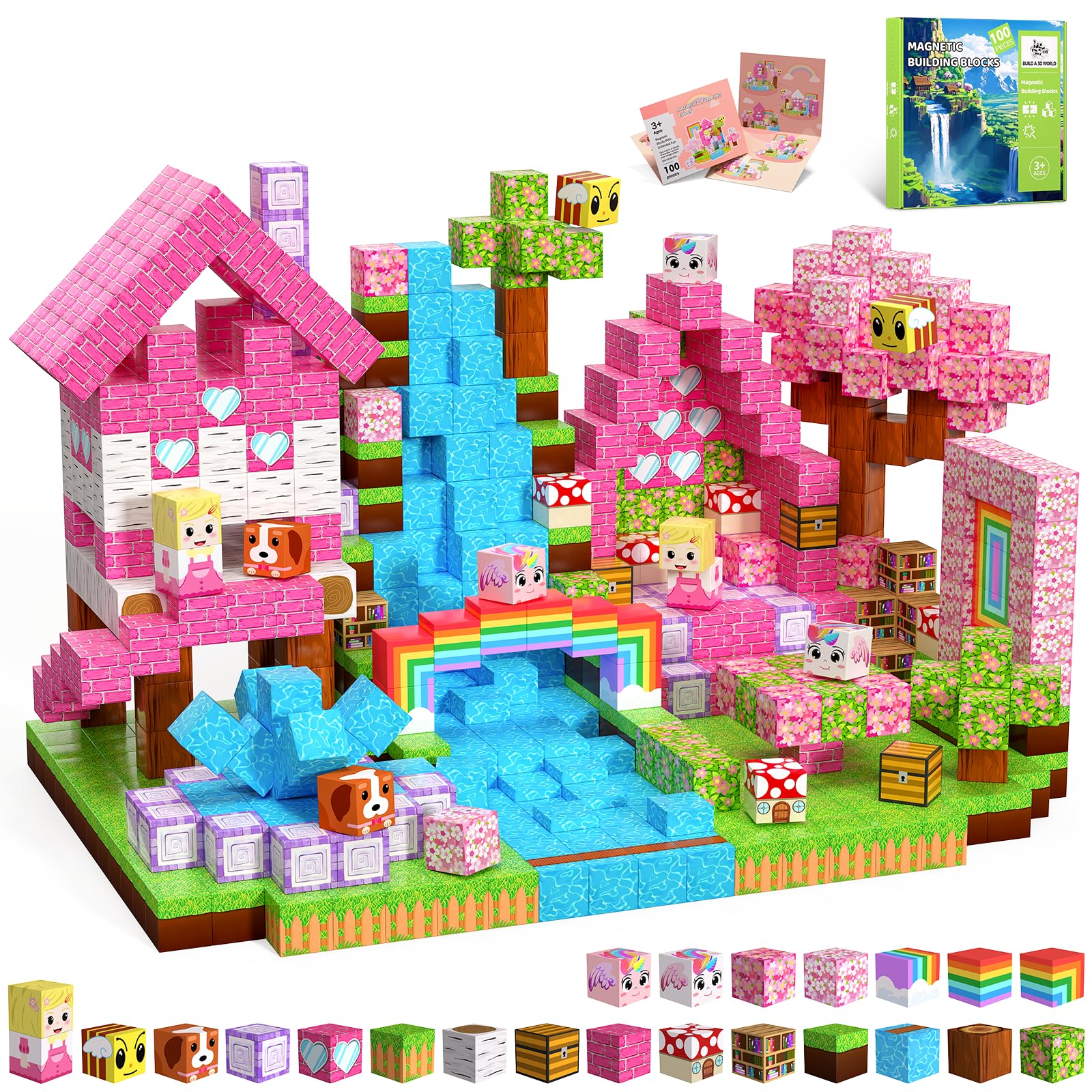 Magnetische Bausteine Bauspielzeug 100 Pcs Magnetbausteine für Kinder Montessori Kreative Spielzeug ab 3 4 5 6 7 8 9 10 Jahre Junge und Mädchen Magnetic Blocks Geschenke für Kinder （Wald）