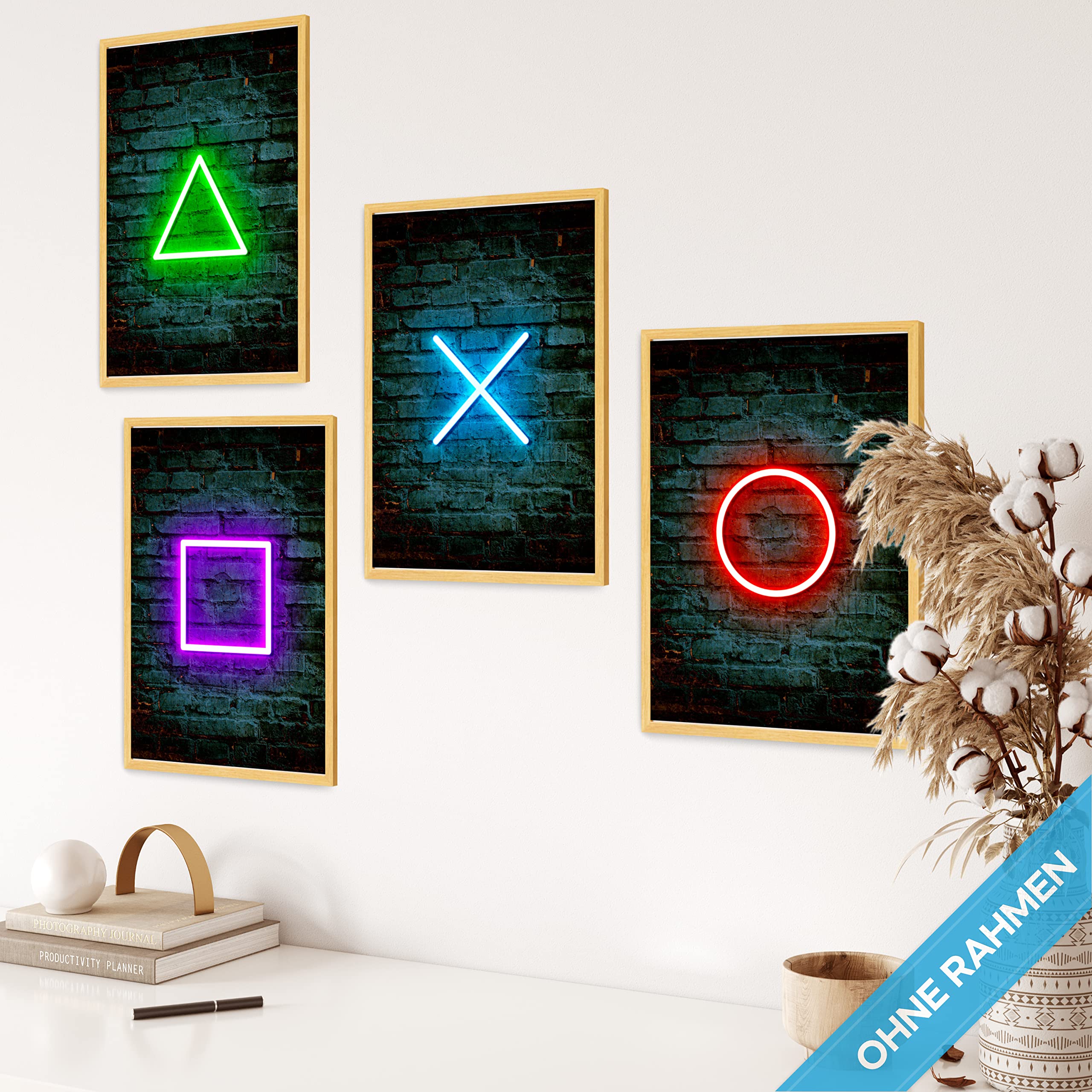 mojoliving Gaming Zimmer Deko Bilder | Poster Wand für Gamer Jugendzimmer | Set mit Neon Sign Motive | Coole Geschenke für Gamer | Zocker Bilder Wand | Neon Wandbild