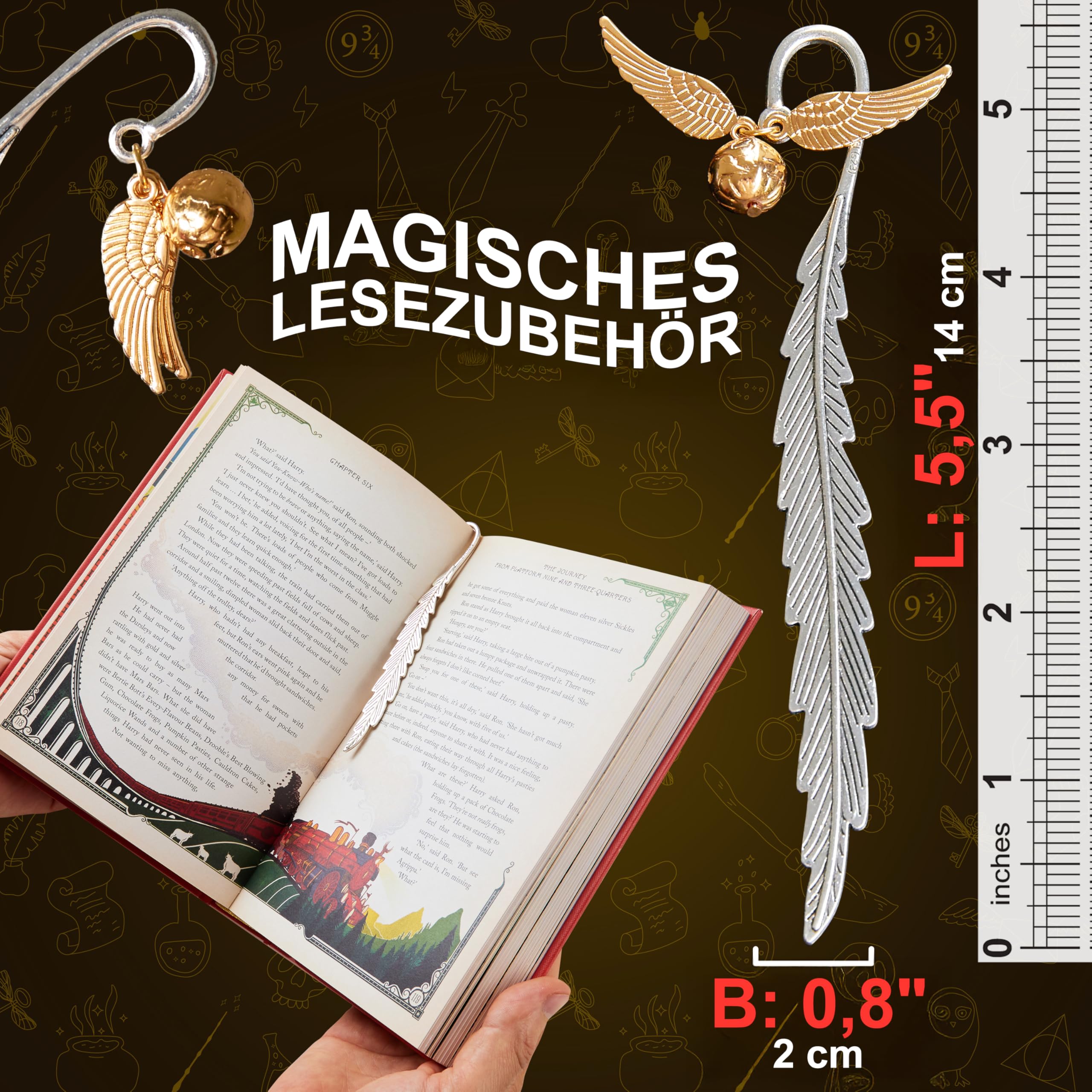 Harry Potter Lesezeichen Metall mit Anhänger, Schön Lesezeichen Kinder, Erwachsene und Lehrer, Magisches Thema Bücher Zubehör, Geschenke für Buchliebhaber (Silber/Gold)