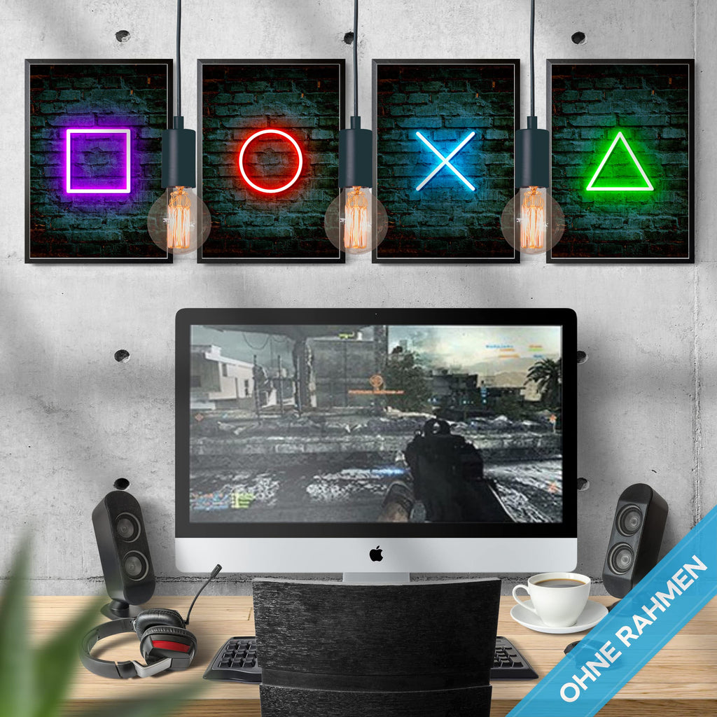 mojoliving Gaming Zimmer Deko Bilder | Poster Wand für Gamer Jugendzimmer | Set mit Neon Sign Motive | Coole Geschenke für Gamer | Zocker Bilder Wand | Neon Wandbild