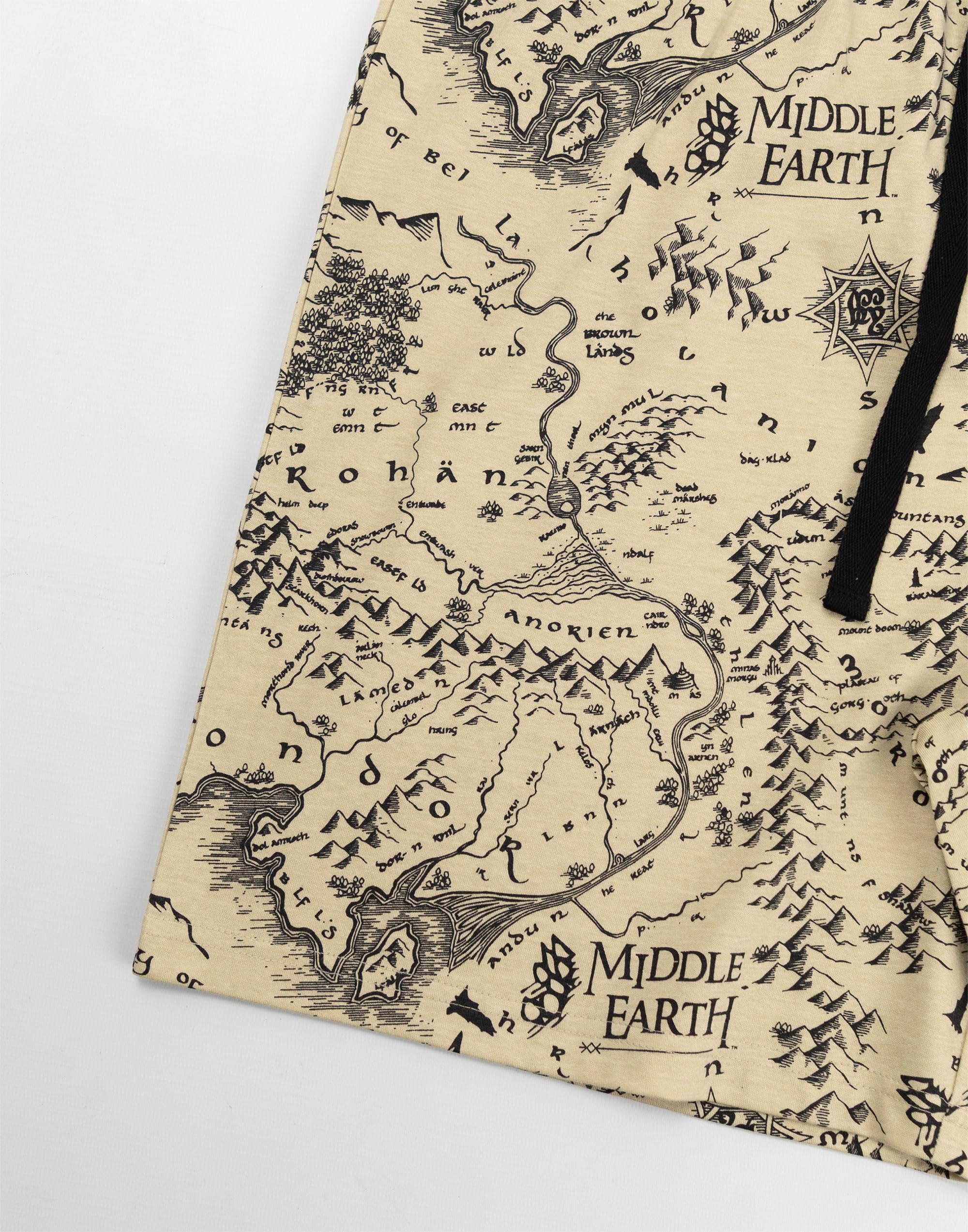Lord of The Rings „Herr der Ringe“-Pyjama-Set für Herren, Anthrazitgrau, Kurzarm | Shorts mit Mittelerde-Kartenprint und Kordelzug | Nachtwäsche & Loungewear