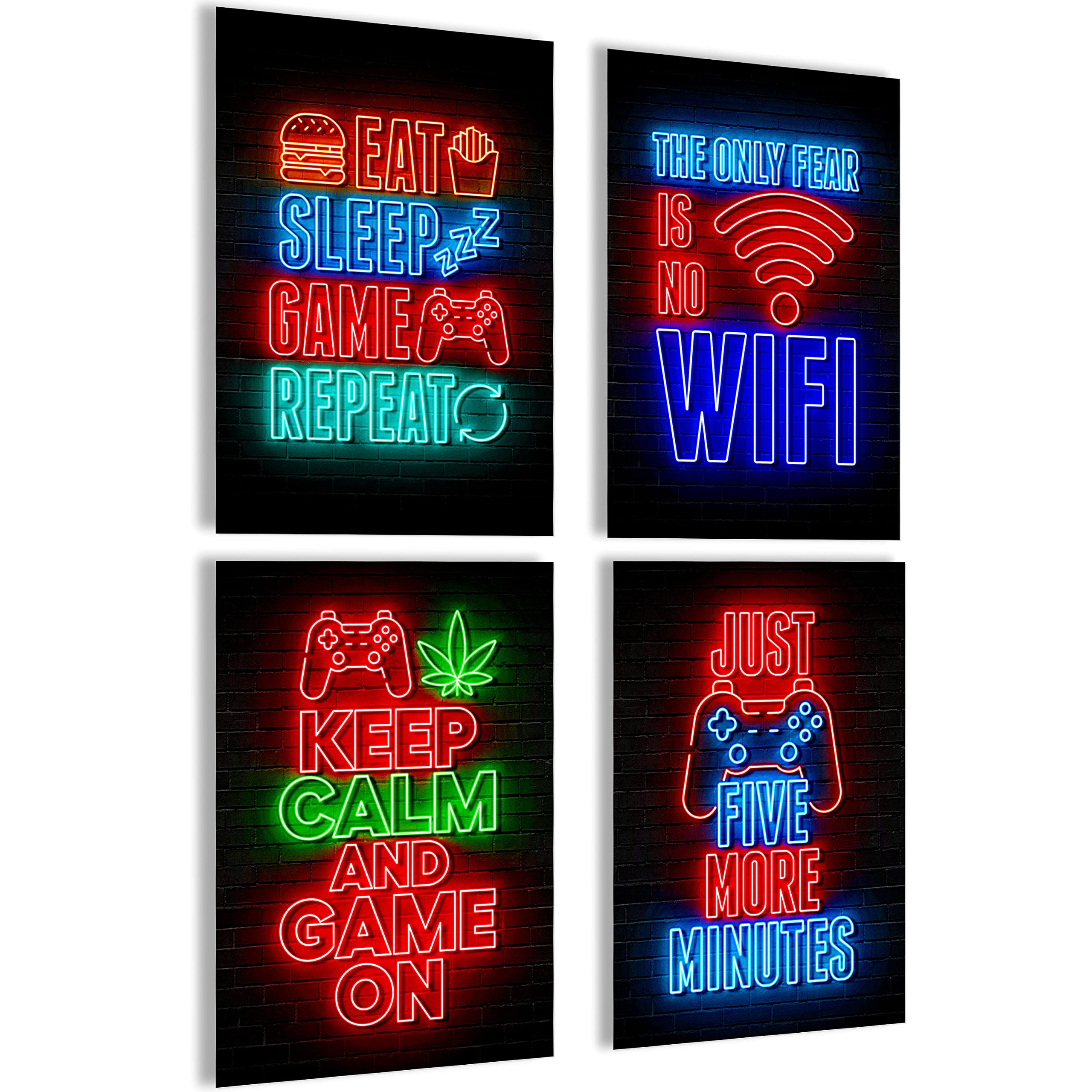 mojoliving Gaming Zimmer Deko Bilder | Poster Wand für Gamer Jugendzimmer | Set mit Neon Sign Motive | Coole Geschenke für Gamer | Zocker Bilder Wand | Neon Wandbild