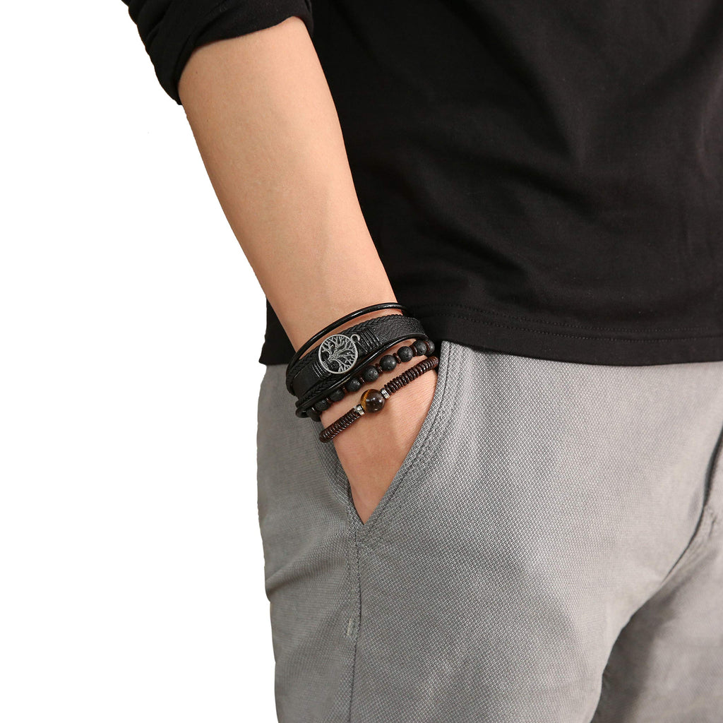 HZMAN Echtes Leder Baum des Lebens Armbänder Männer Frauen, Tigerauge Naturstein Lava Rock Perlen Ethnische Tribal elastische Armbänder Armbänder (2Pcs)