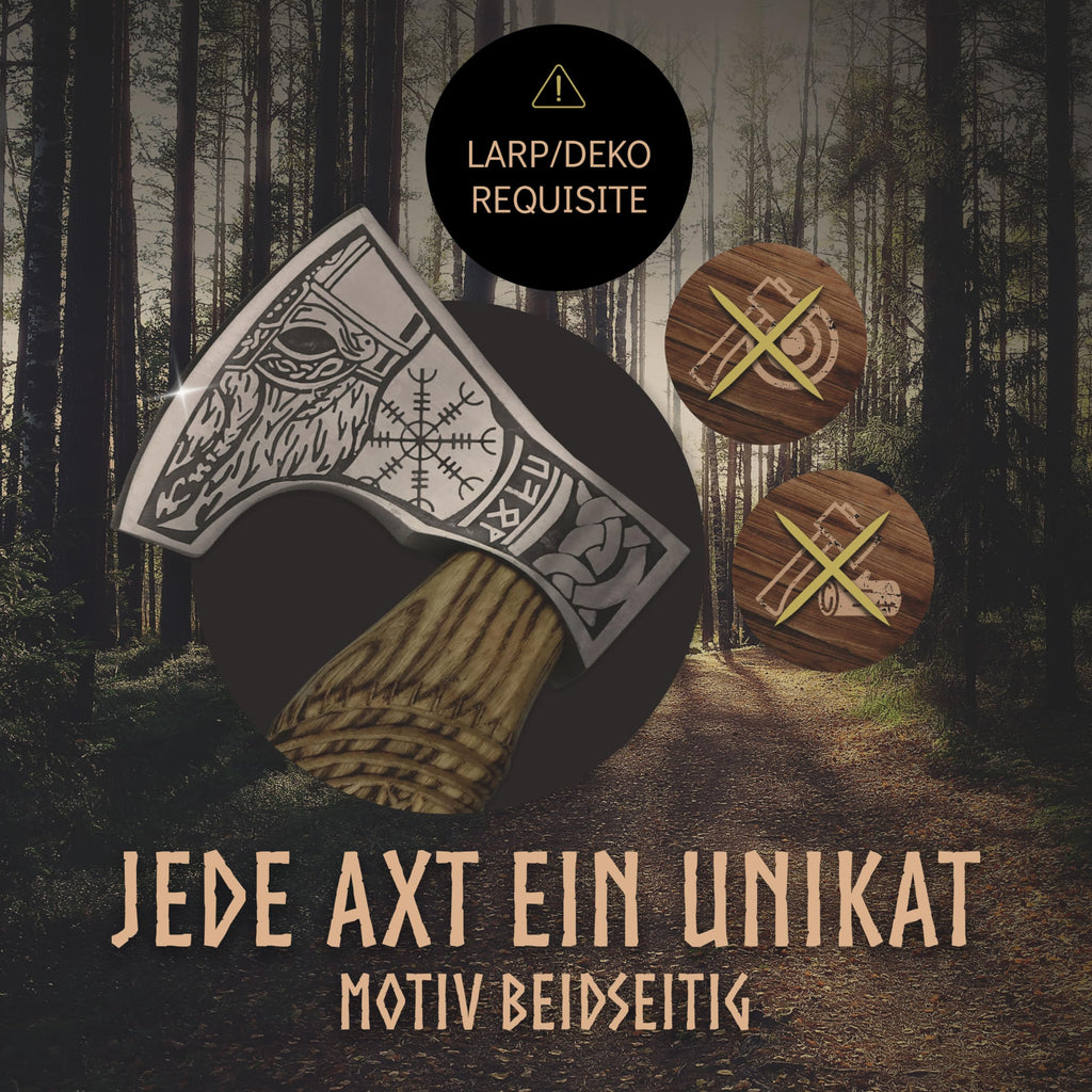VIKING CRAFT® Wikinger Axt 50cm - Handgefertigte Deko Mit Gravur und Lederschutz - Ideale Mittelalter Deko, Geschenke für Männer und Frauen, Vikings Fanartikel, LARP Beil