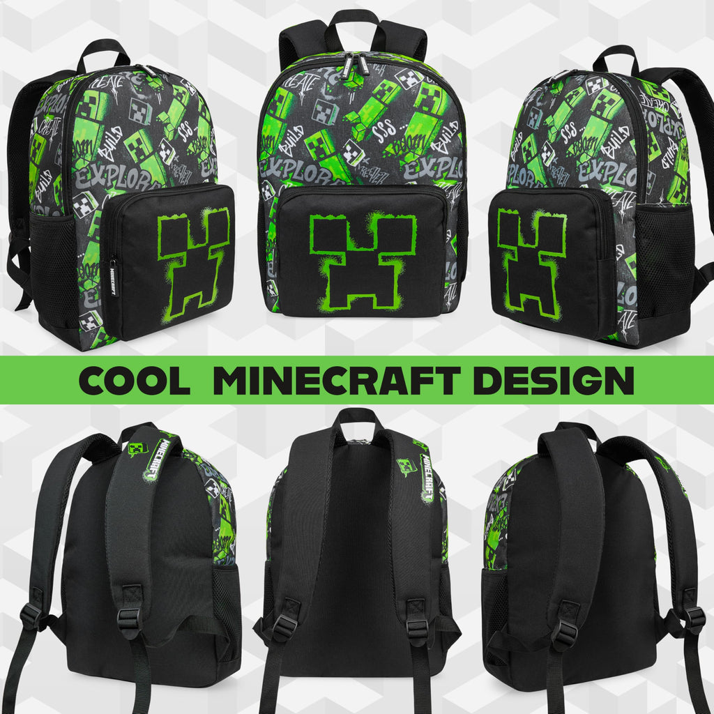 Minecraft Rucksack Kinder Jungen Kinderrucksack Creeper Freizeitrucksack mit Reißverschluss-Fächern für Schulrucksack Schule Sport Alltag