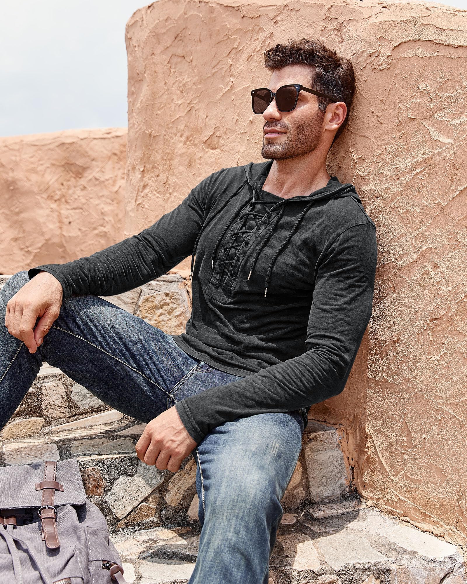 Beotyshow Herren Vintage Hoodie Langarm Shirt Männer Lace Up Hooded Langarmhemd Distressed Casual Outdoor Taktisch Pullover Hemd mit Kapuze
