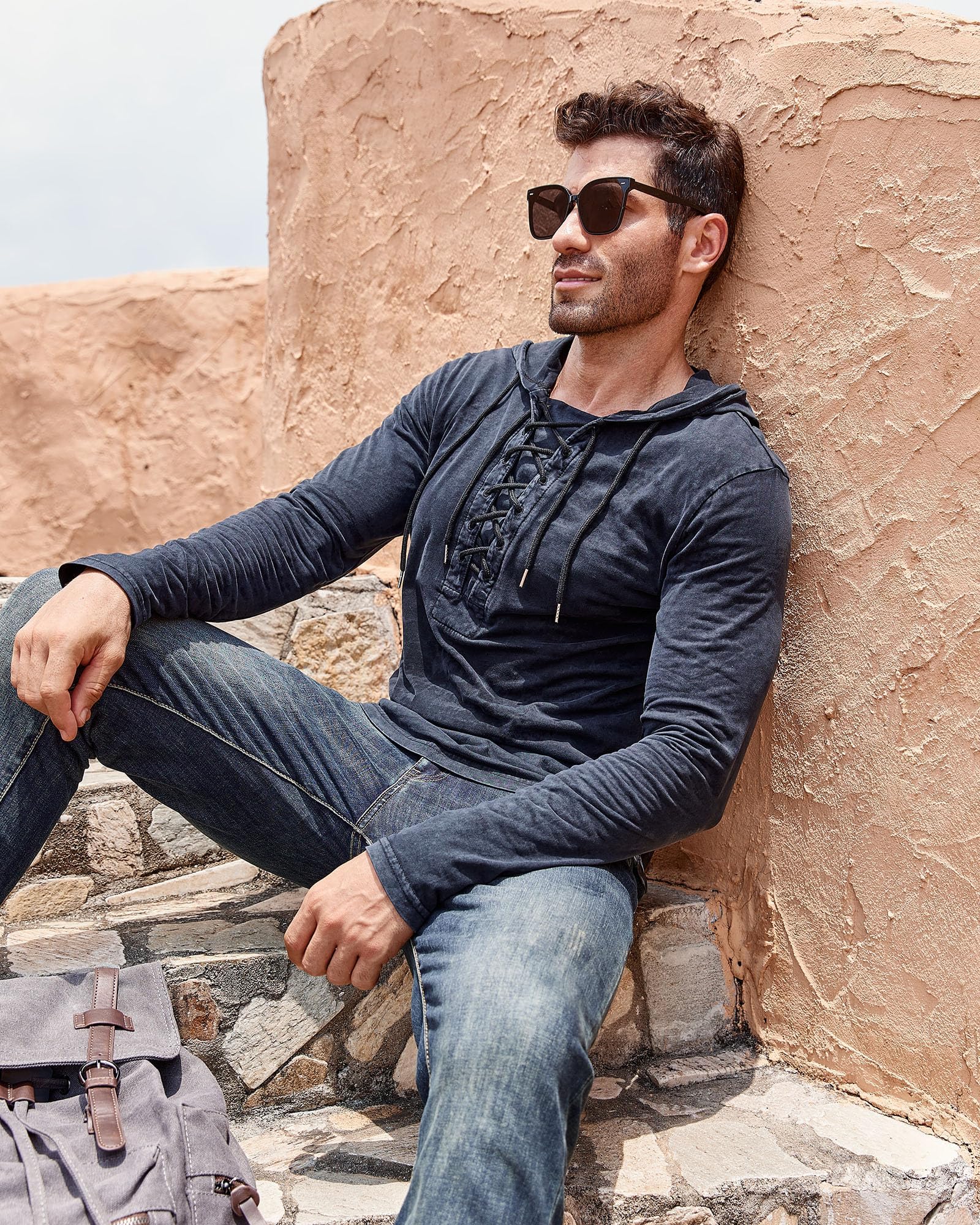 Beotyshow Herren Vintage Hoodie Langarm Shirt Männer Lace Up Hooded Langarmhemd Distressed Casual Outdoor Taktisch Pullover Hemd mit Kapuze