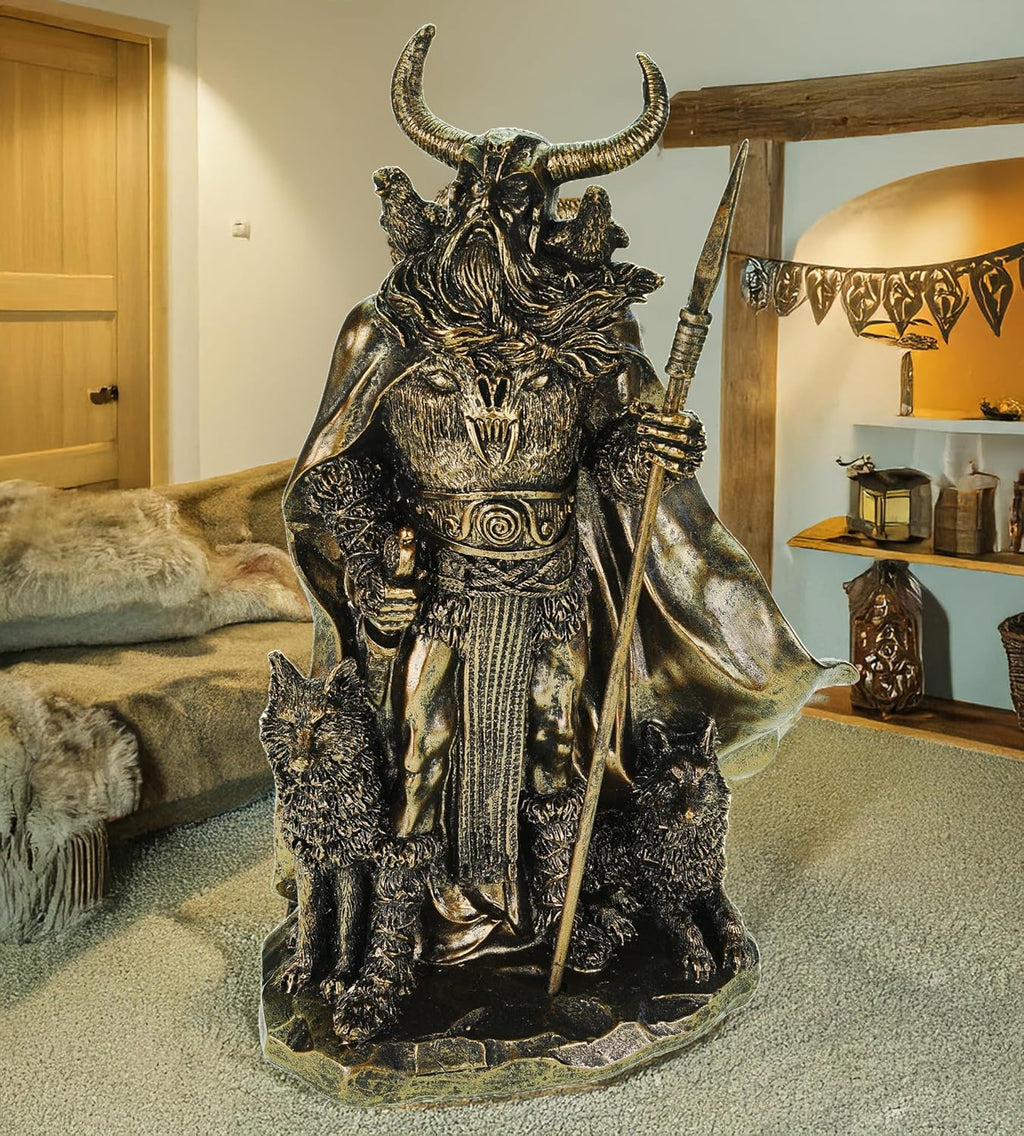 Kremers Schatzkiste Odin Figur mit Raben Hugin Munin und Wölfen Geri Freki 36cm Nordische Mythologie Dekofigur - Polyresin Götter Skulptur - Geschenk Wikinger Deko