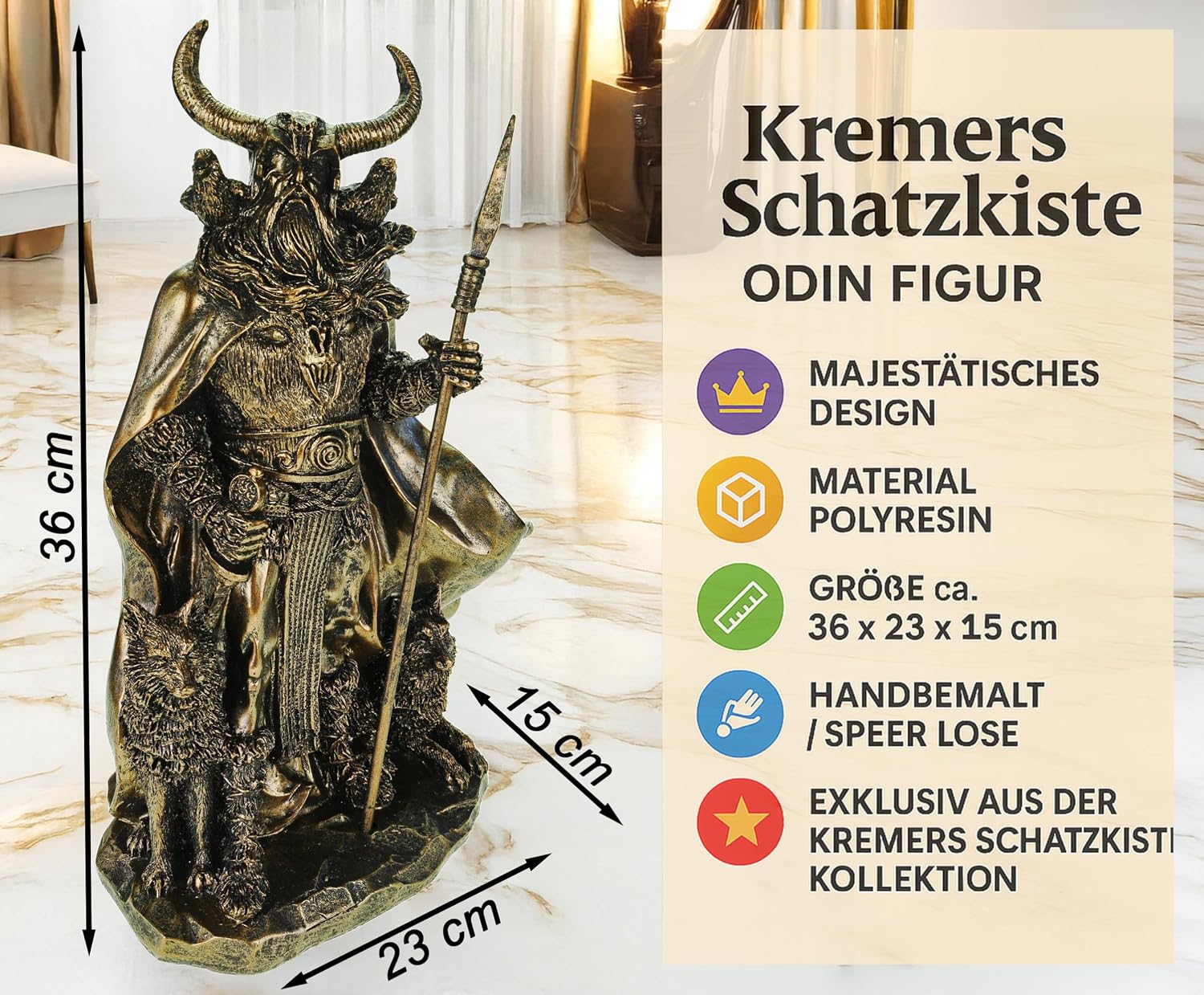 Kremers Schatzkiste Odin Figur mit Raben Hugin Munin und Wölfen Geri Freki 36cm Nordische Mythologie Dekofigur - Polyresin Götter Skulptur - Geschenk Wikinger Deko