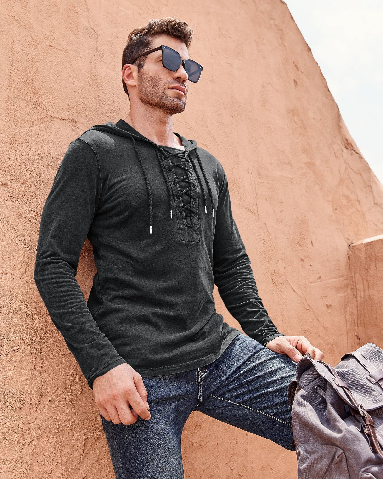 Beotyshow Herren Vintage Hoodie Langarm Shirt Männer Lace Up Hooded Langarmhemd Distressed Casual Outdoor Taktisch Pullover Hemd mit Kapuze