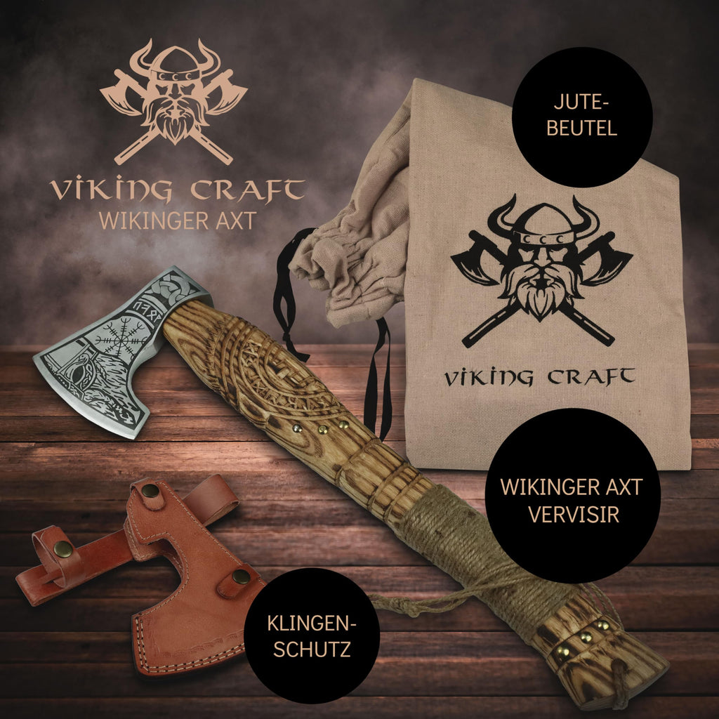 VIKING CRAFT® Wikinger Axt 50cm - Handgefertigte Deko Mit Gravur und Lederschutz - Ideale Mittelalter Deko, Geschenke für Männer und Frauen, Vikings Fanartikel, LARP Beil