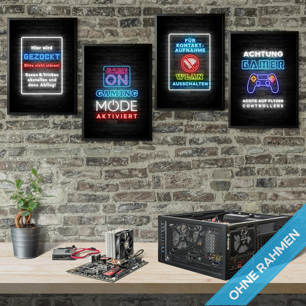 mojoliving Gaming Zimmer Deko Bilder | Poster Wand für Gamer Jugendzimmer | Set mit Neon Sign Motive | Coole Geschenke für Gamer | Zocker Bilder Wand | Neon Wandbild