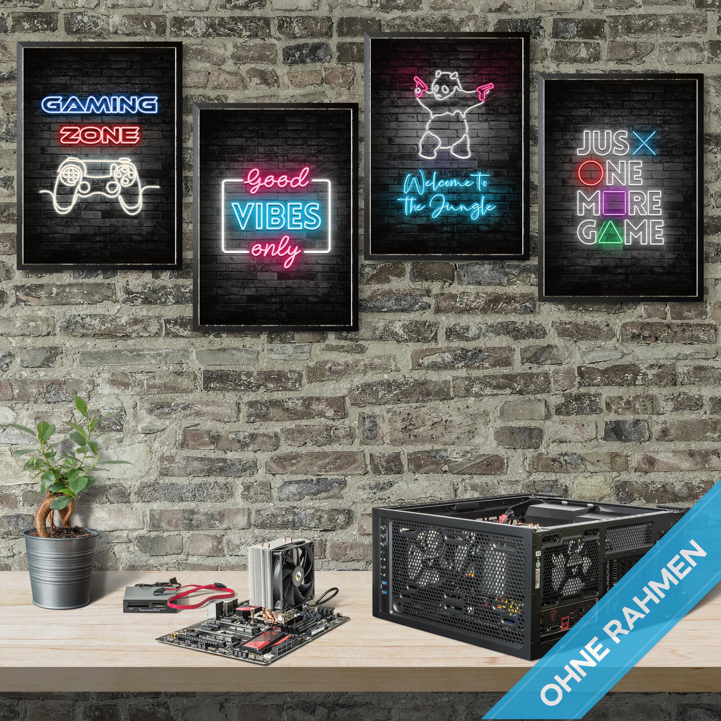 mojoliving Gaming Zimmer Deko Bilder | Poster Wand für Gamer Jugendzimmer | Set mit Neon Sign Motive | Coole Geschenke für Gamer | Zocker Bilder Wand | Neon Wandbild