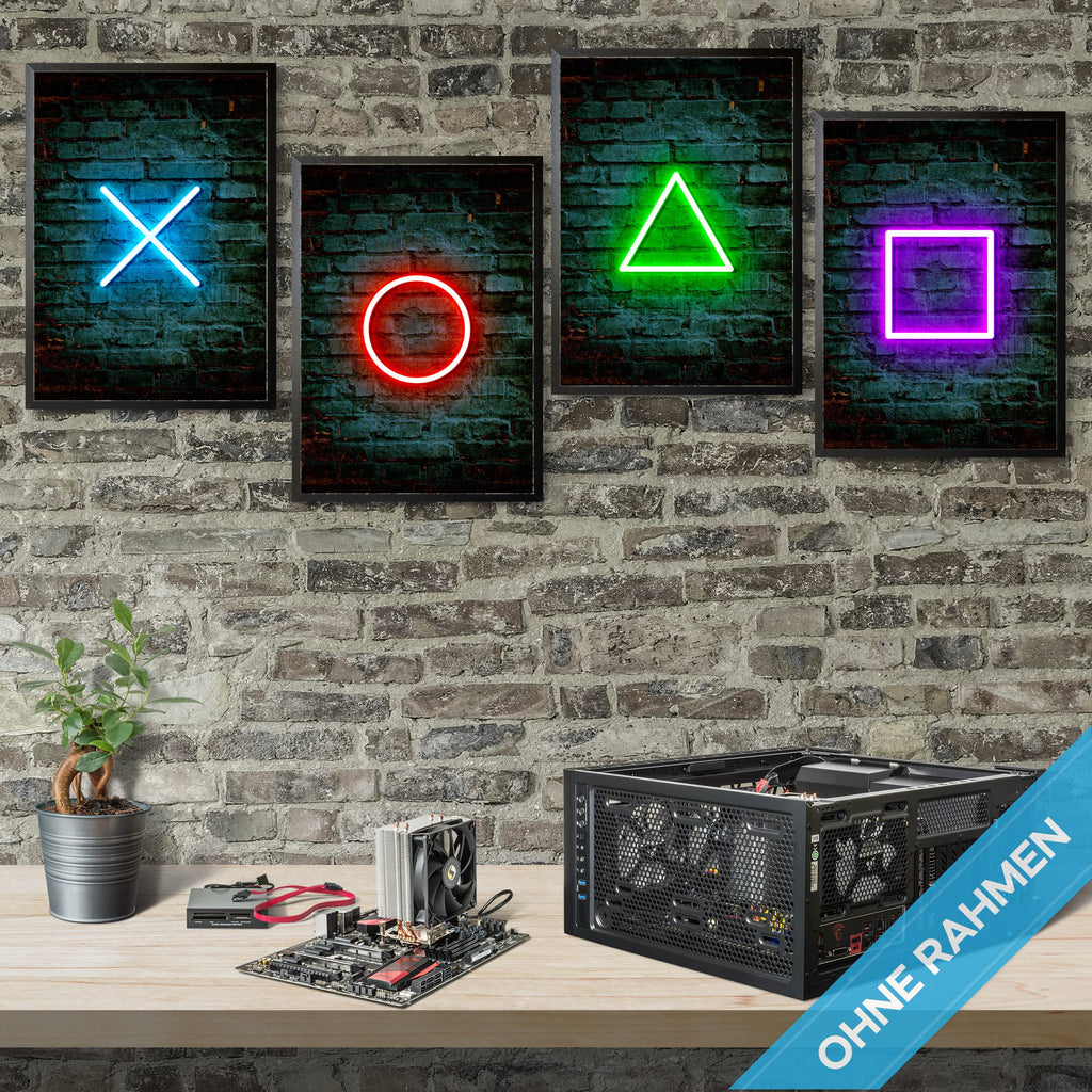 mojoliving Gaming Zimmer Deko Bilder | Poster Wand für Gamer Jugendzimmer | Set mit Neon Sign Motive | Coole Geschenke für Gamer | Zocker Bilder Wand | Neon Wandbild