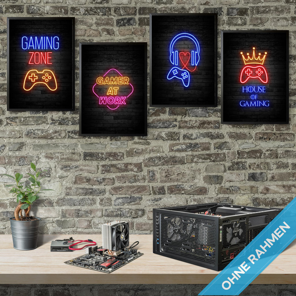 mojoliving Gaming Zimmer Deko Bilder | Poster Wand für Gamer Jugendzimmer | Set mit Neon Sign Motive | Coole Geschenke für Gamer | Zocker Bilder Wand | Neon Wandbild