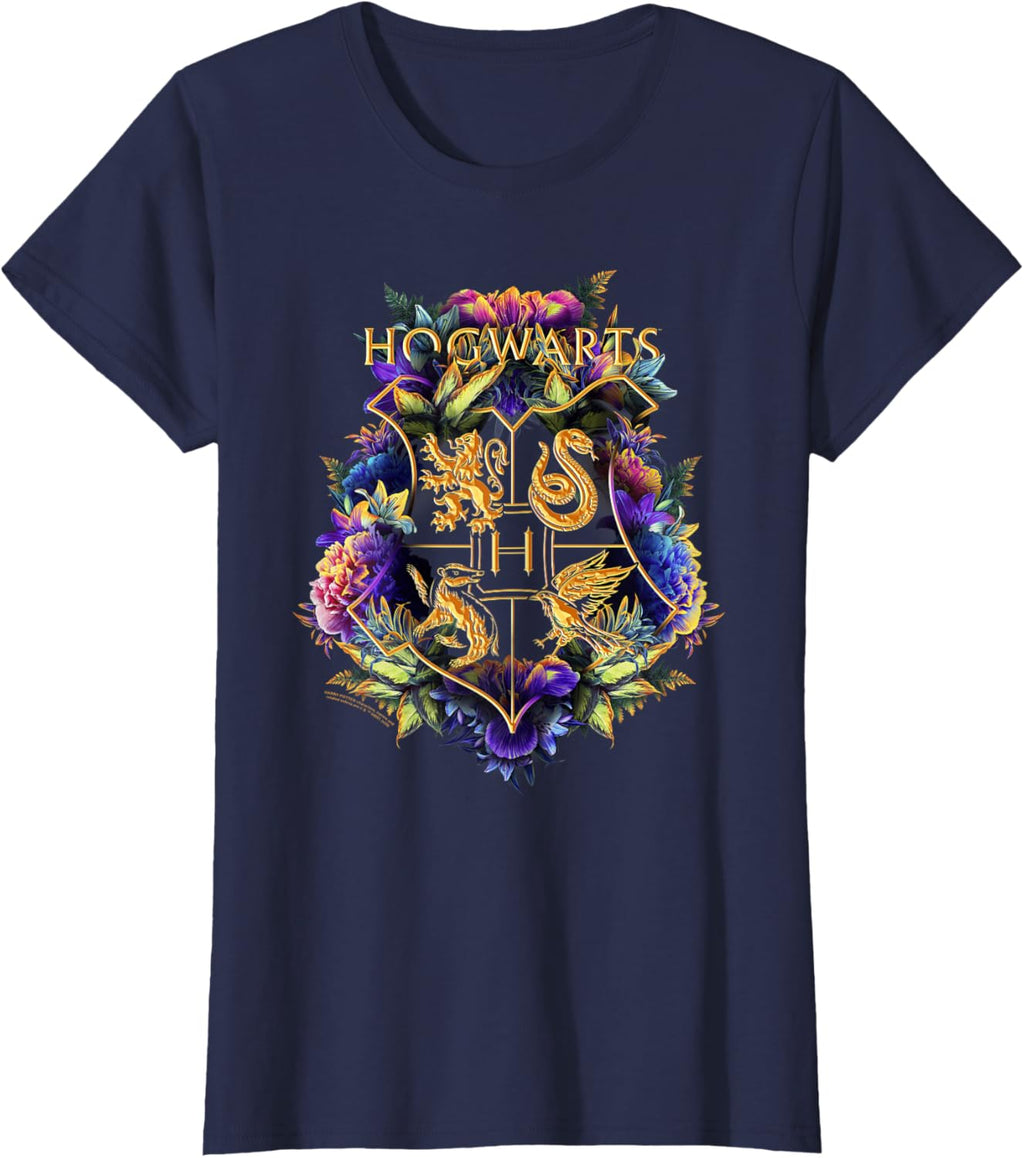 Harry Potter Hogwarts Multi-Colored Floral Crest T-Shirt