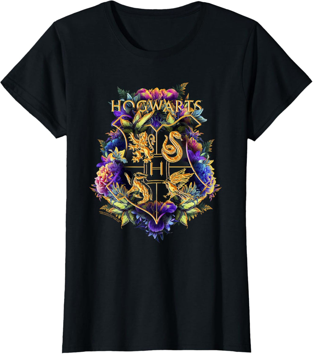Harry Potter Hogwarts Multi-Colored Floral Crest T-Shirt