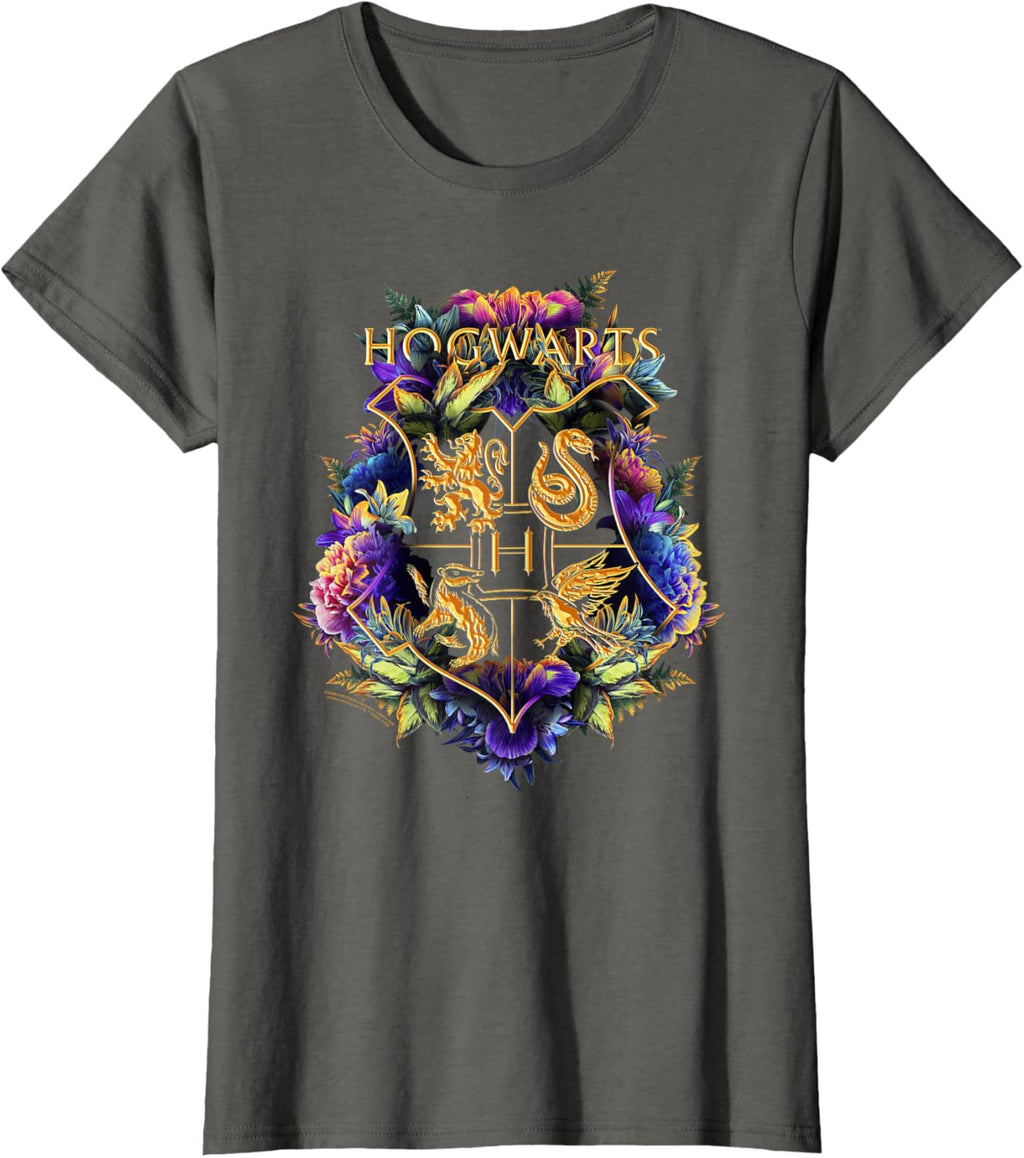 Harry Potter Hogwarts Multi-Colored Floral Crest T-Shirt